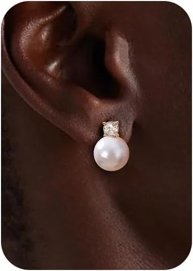 KRFY 1 Pairs Pearl Drop Earrings 925 Sterling Silver Post 16K Gold Plated Stud Earrings for Women Trendy Dangle CZ Pearl Jewelry