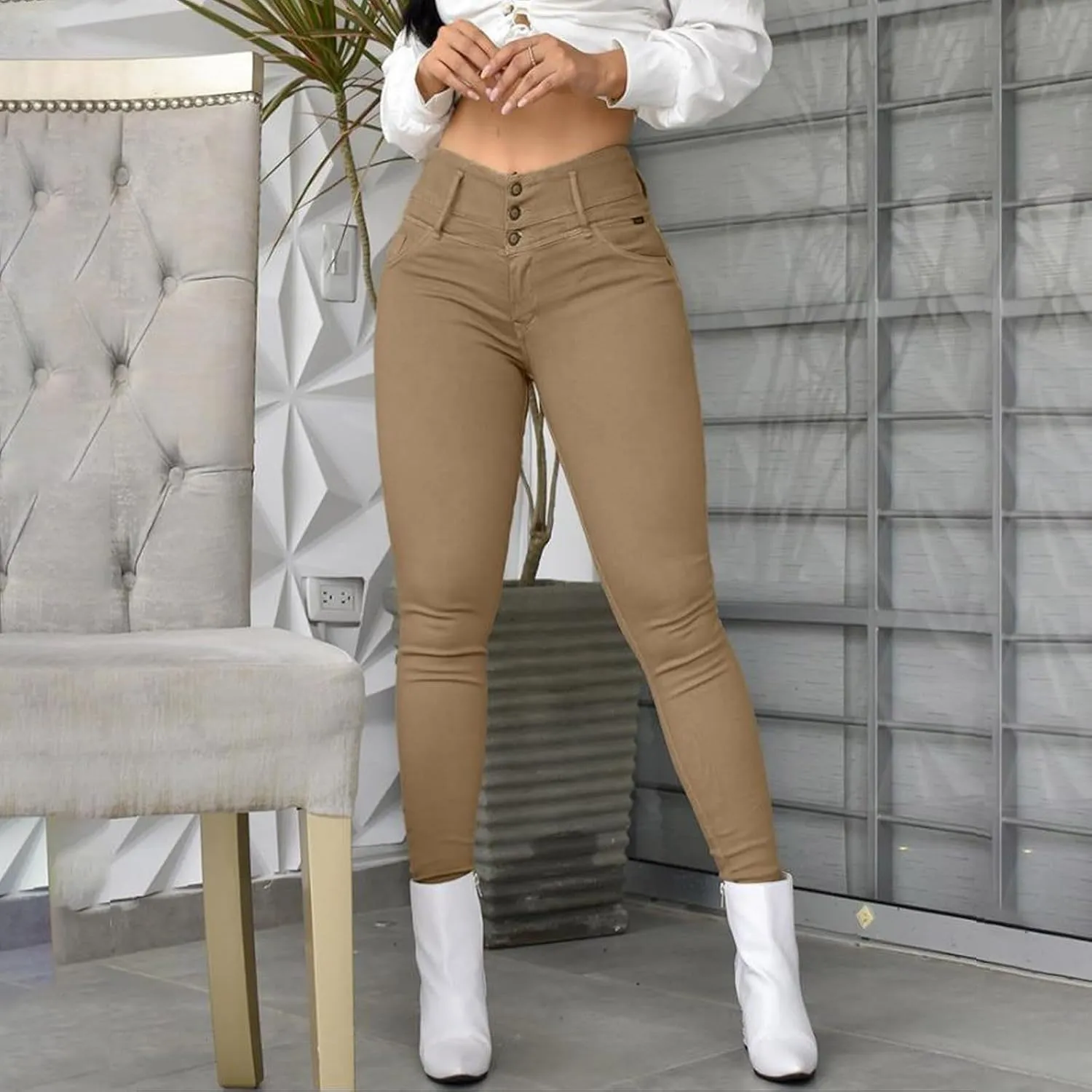 Ladies Casual Vintage Solid Colour High Waist Skinny Pants Trousers Casual Pants Leggings Women Pants Casual