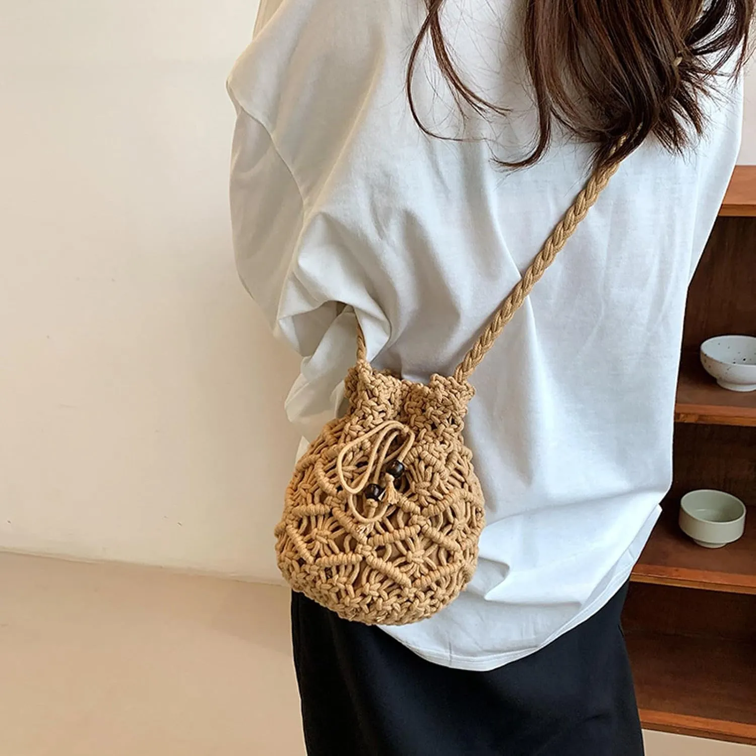 Ladies Crossbody Bag Literary Single Shoulder Vintage Cotton Woven Drawstring Fresh Beach Bag Business (Khaki, One Size)