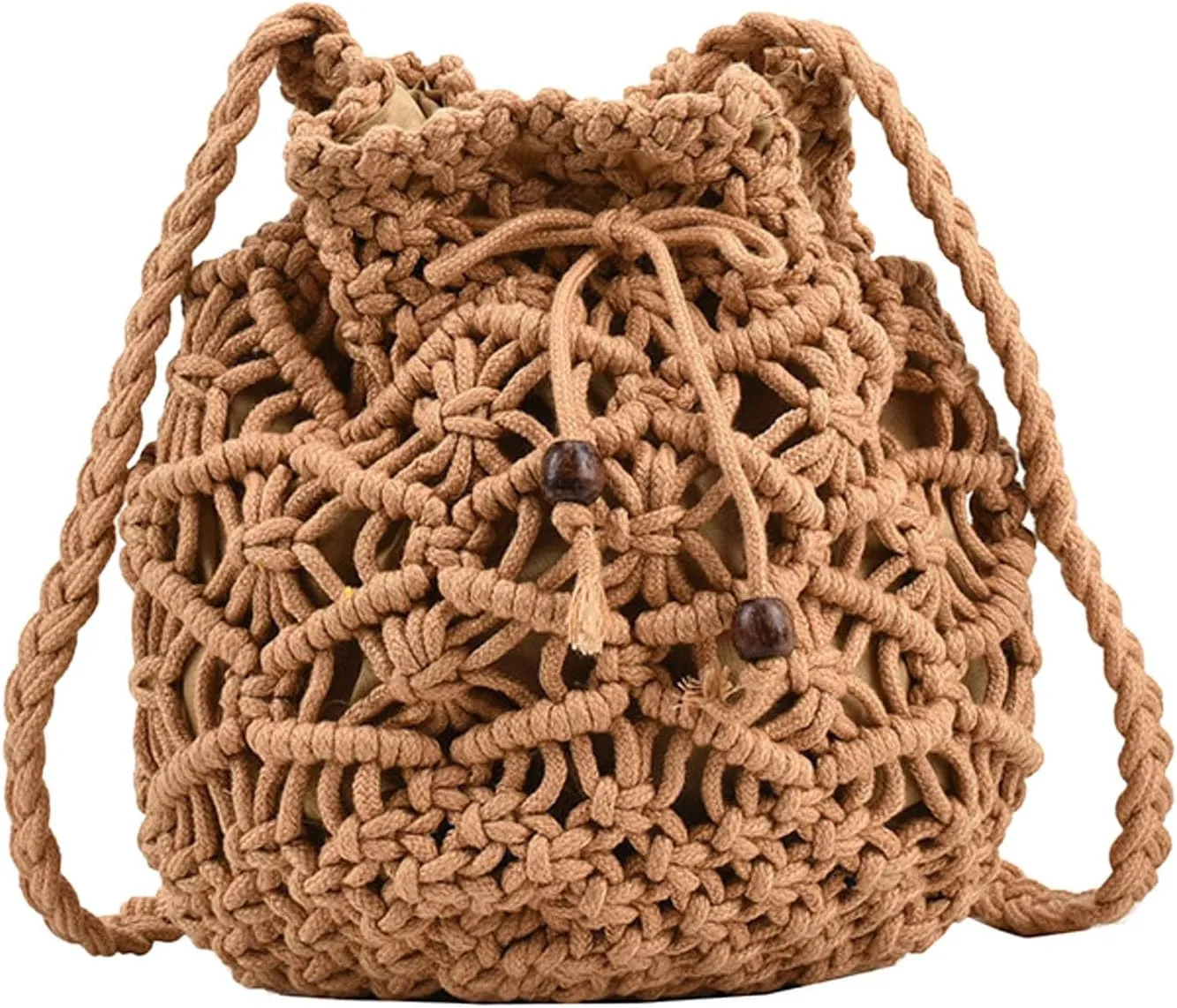 Ladies Crossbody Bag Literary Single Shoulder Vintage Cotton Woven Drawstring Fresh Beach Bag Business (Khaki, One Size)