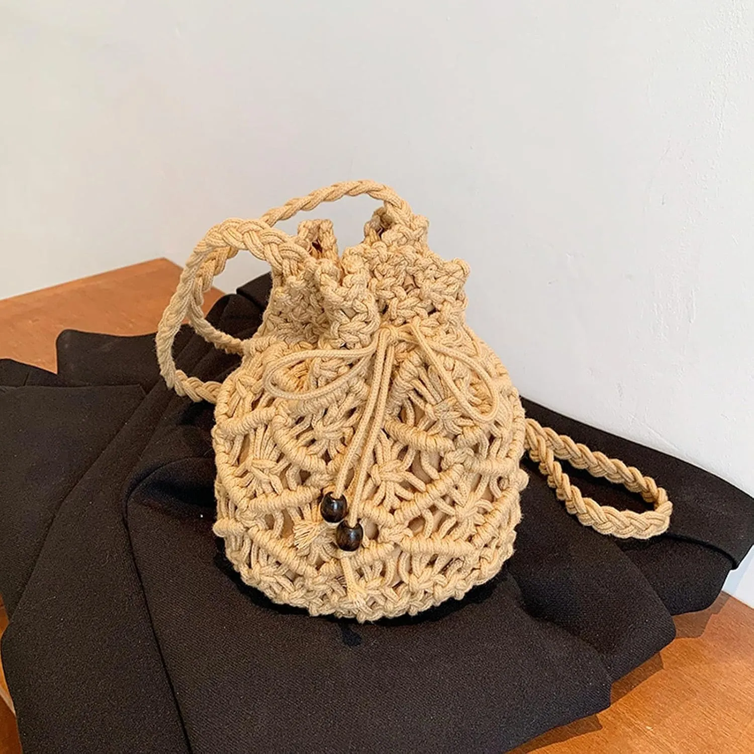 Ladies Crossbody Bag Literary Single Shoulder Vintage Cotton Woven Drawstring Fresh Beach Bag Business (Khaki, One Size)