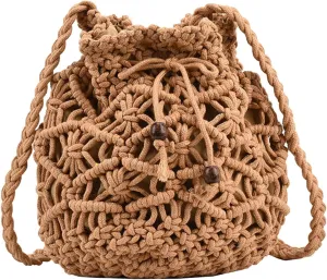 Ladies Crossbody Bag Literary Single Shoulder Vintage Cotton Woven Drawstring Fresh Beach Bag Business (Khaki, One Size)