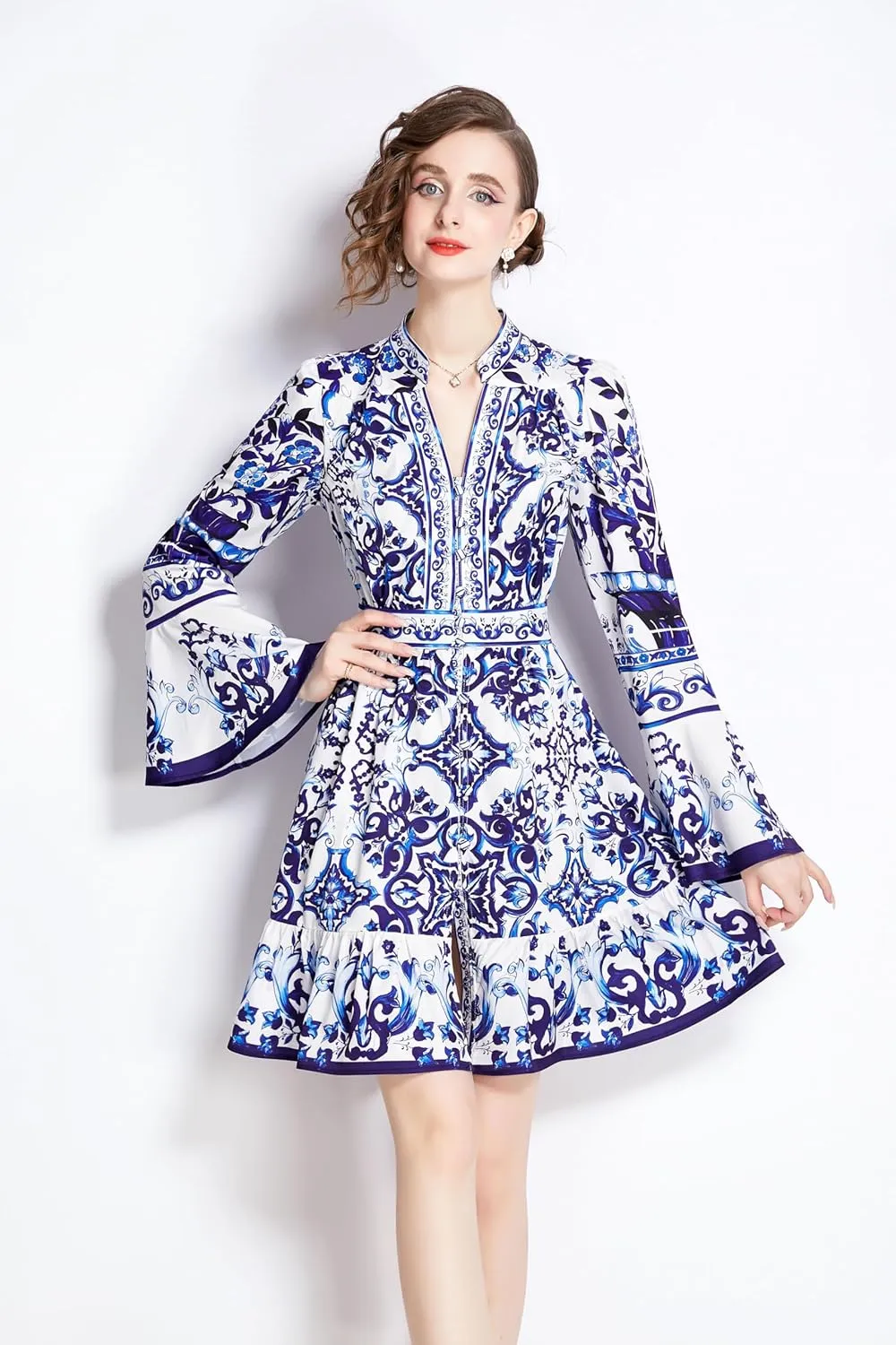 LAI MENG FIVE CATS Women's Floral Print V-Neck Bell Sleeve Button Up Casual Mini Dress