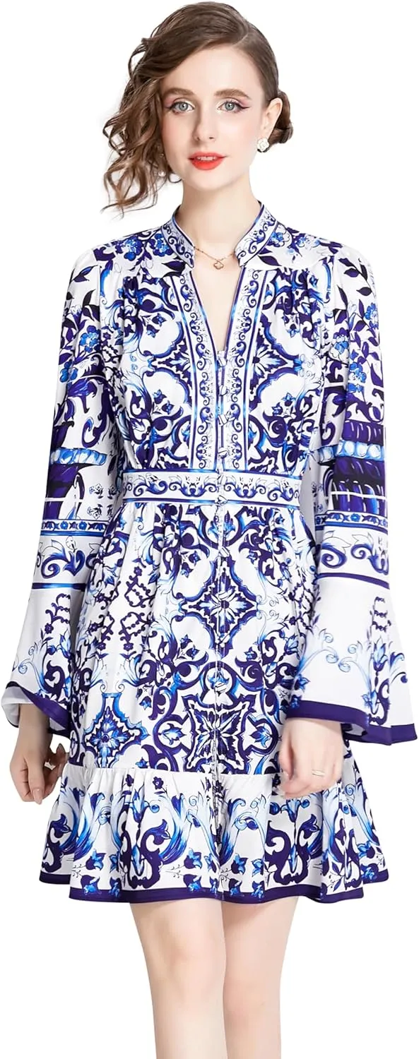LAI MENG FIVE CATS Women's Floral Print V-Neck Bell Sleeve Button Up Casual Mini Dress