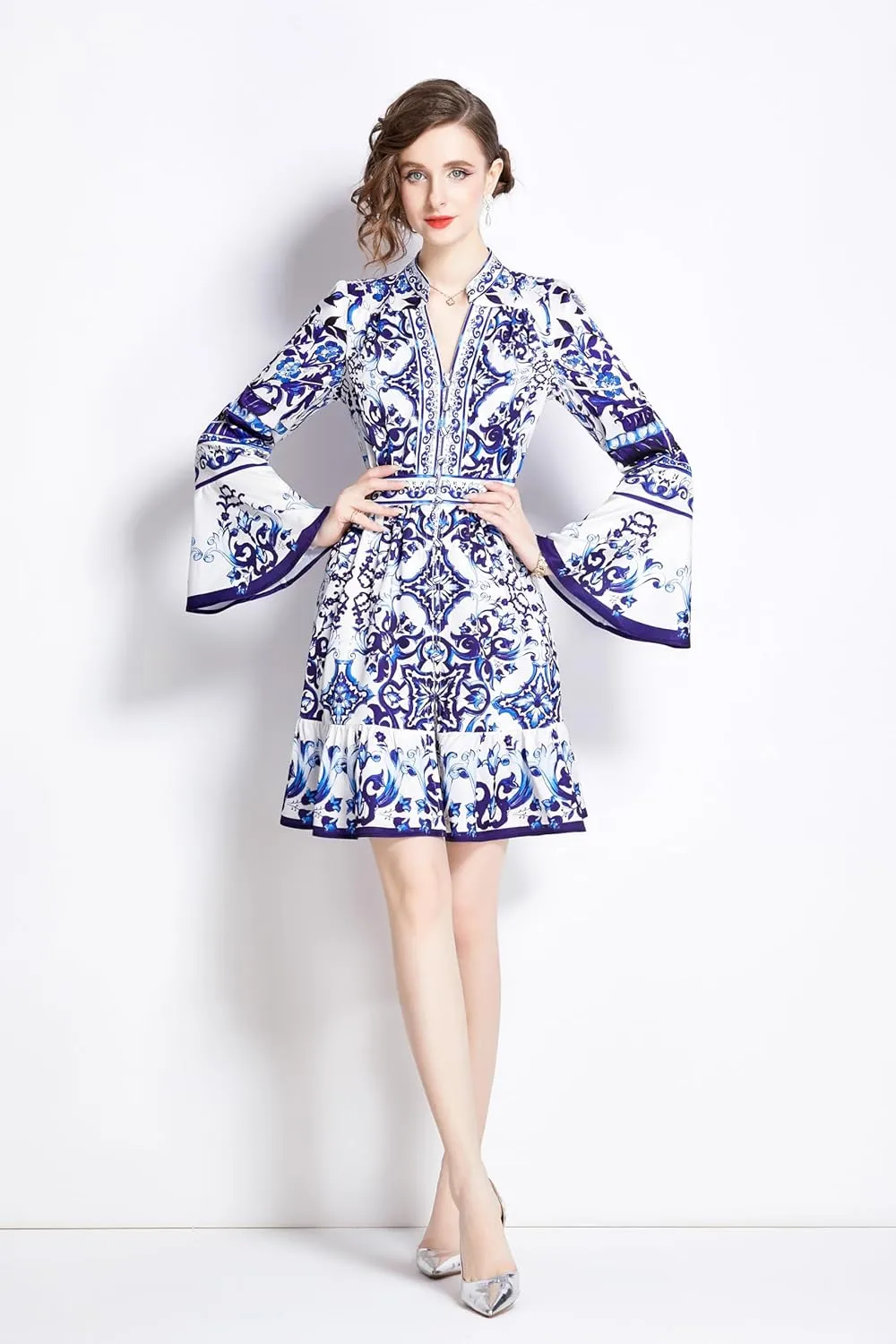 LAI MENG FIVE CATS Women's Floral Print V-Neck Bell Sleeve Button Up Casual Mini Dress