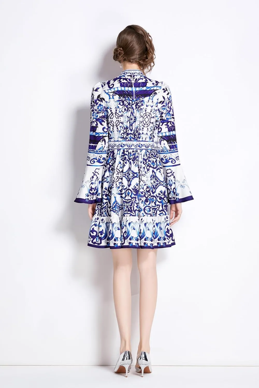 LAI MENG FIVE CATS Women's Floral Print V-Neck Bell Sleeve Button Up Casual Mini Dress