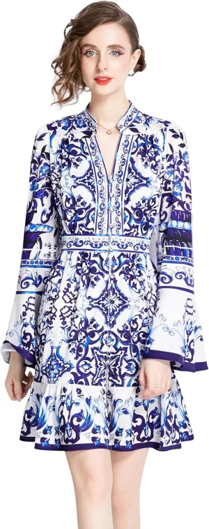 LAI MENG FIVE CATS Women's Floral Print V-Neck Bell Sleeve Button Up Casual Mini Dress
