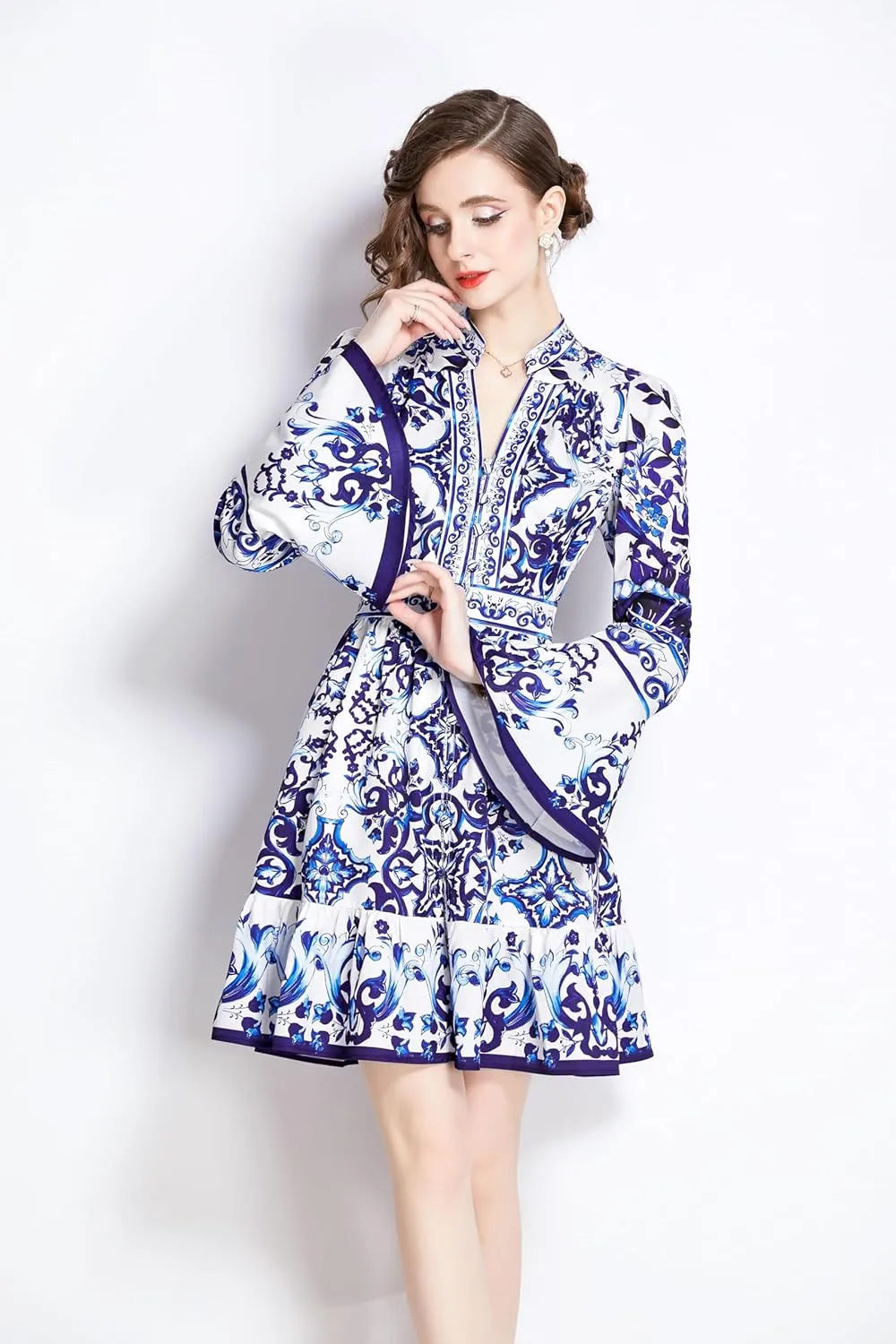 LAI MENG FIVE CATS Women's Floral Print V-Neck Bell Sleeve Button Up Casual Mini Dress