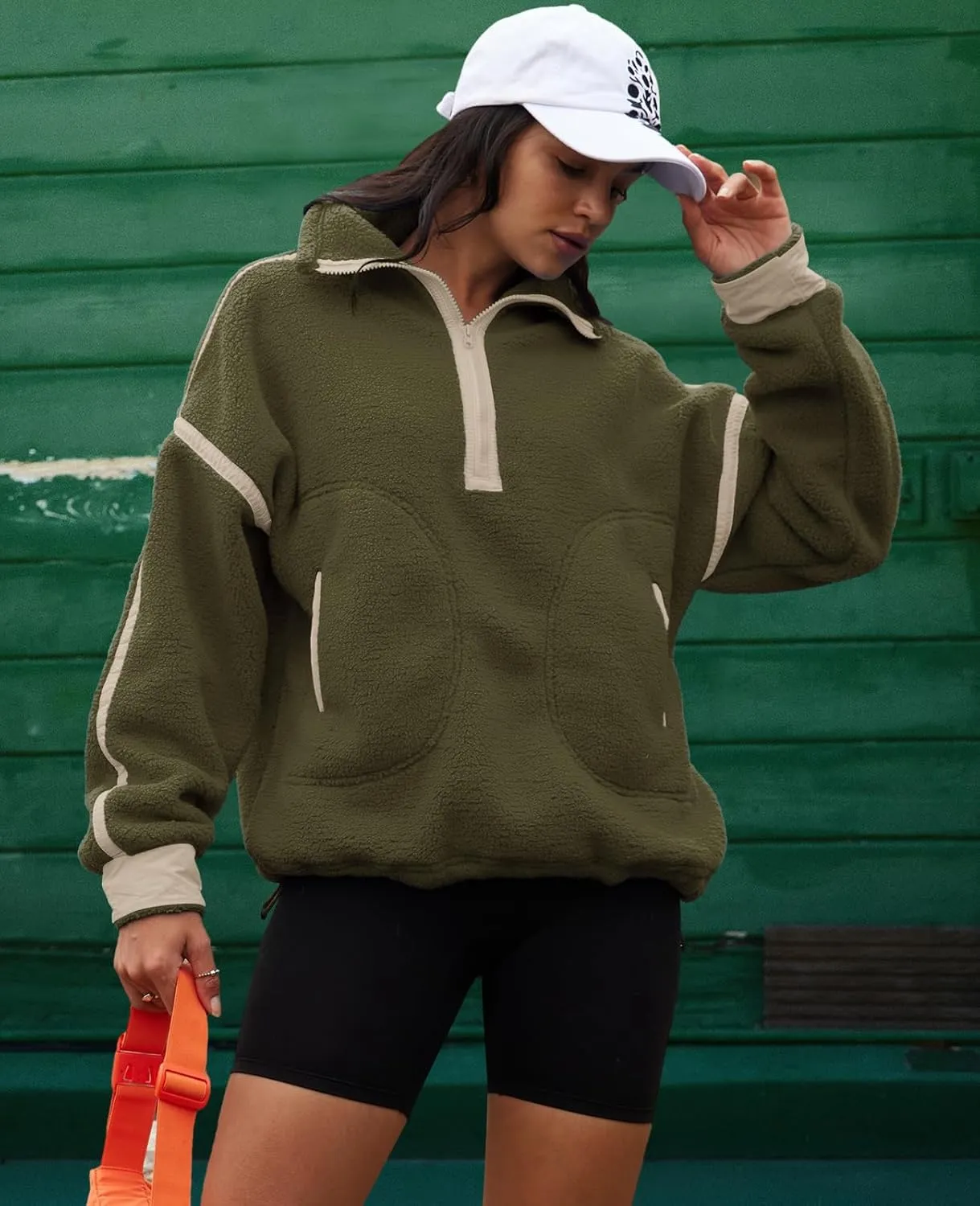 LAMISSCHE Half Zip Sweatshirt Women Oversized Sherpa Jacket V Neck Fleece Pullover Hoodie with Pockets