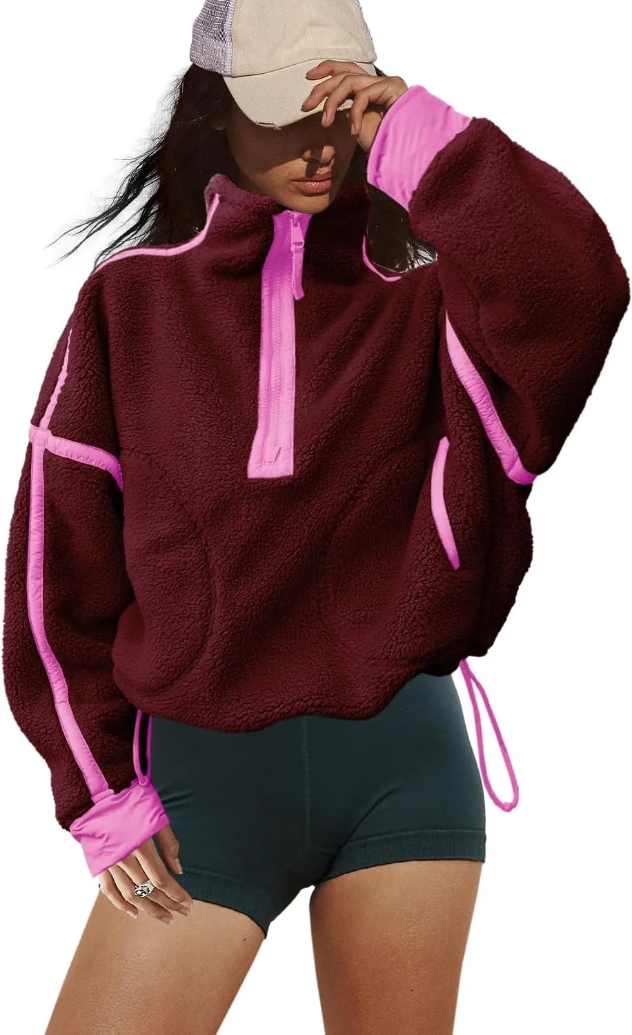 LAMISSCHE Half Zip Sweatshirt Women Oversized Sherpa Jacket V Neck Fleece Pullover Hoodie with Pockets