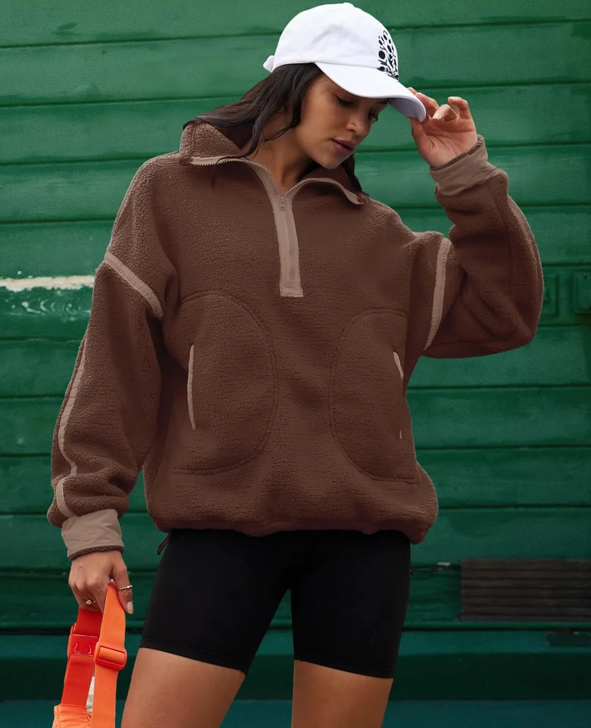 LAMISSCHE Half Zip Sweatshirt Women Oversized Sherpa Jacket V Neck Fleece Pullover Hoodie with Pockets