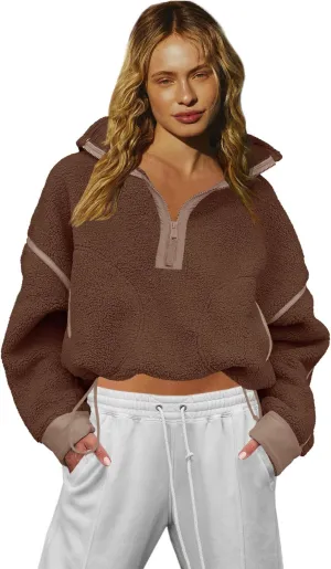 LAMISSCHE Half Zip Sweatshirt Women Oversized Sherpa Jacket V Neck Fleece Pullover Hoodie with Pockets