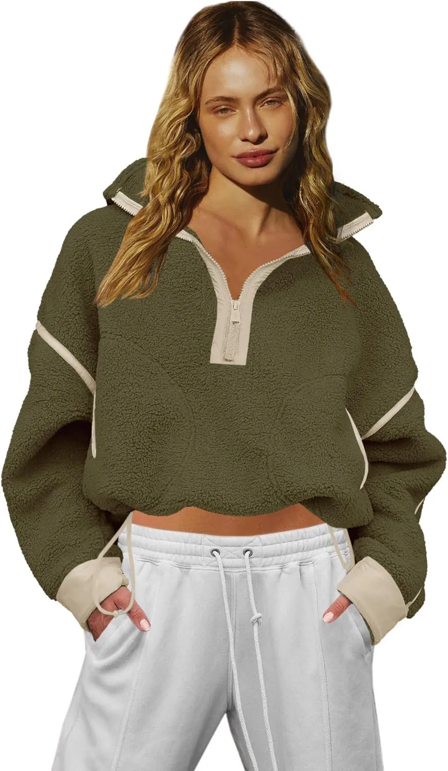 LAMISSCHE Half Zip Sweatshirt Women Oversized Sherpa Jacket V Neck Fleece Pullover Hoodie with Pockets