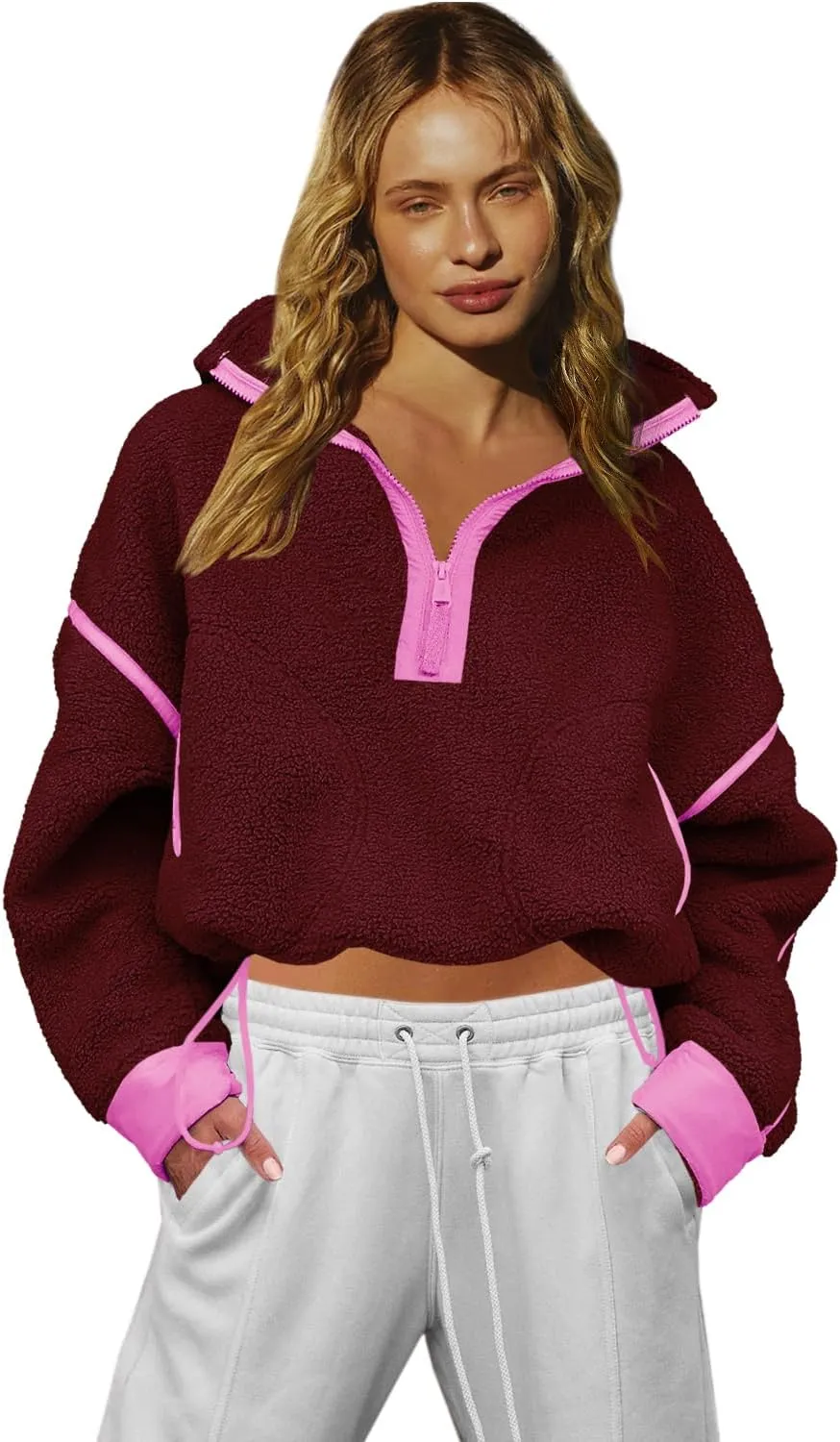 LAMISSCHE Half Zip Sweatshirt Women Oversized Sherpa Jacket V Neck Fleece Pullover Hoodie with Pockets