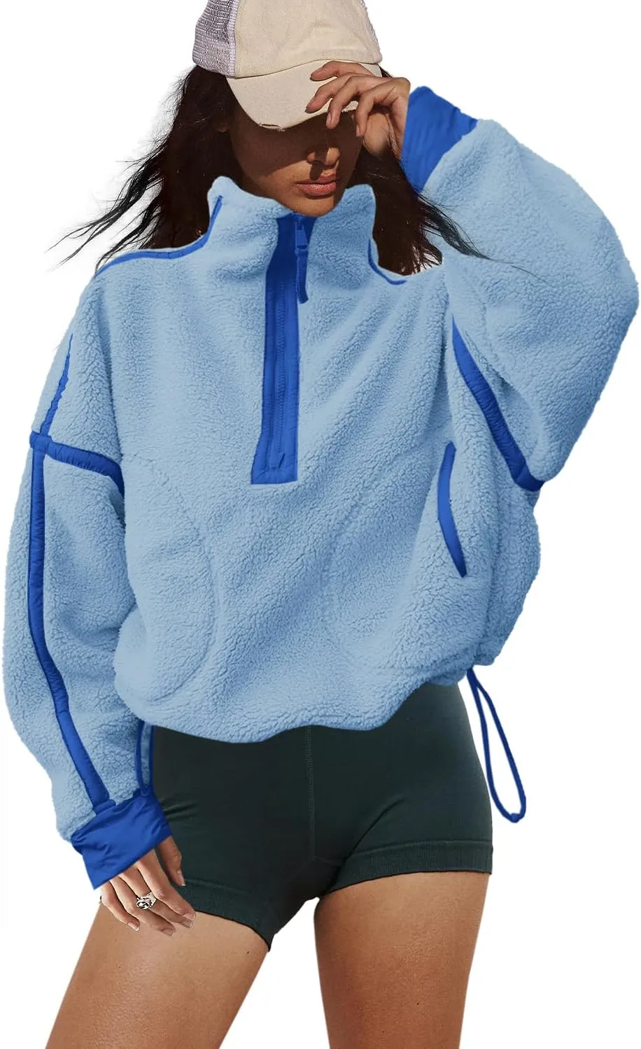 LAMISSCHE Half Zip Sweatshirt Women Oversized Sherpa Jacket V Neck Fleece Pullover Hoodie with Pockets