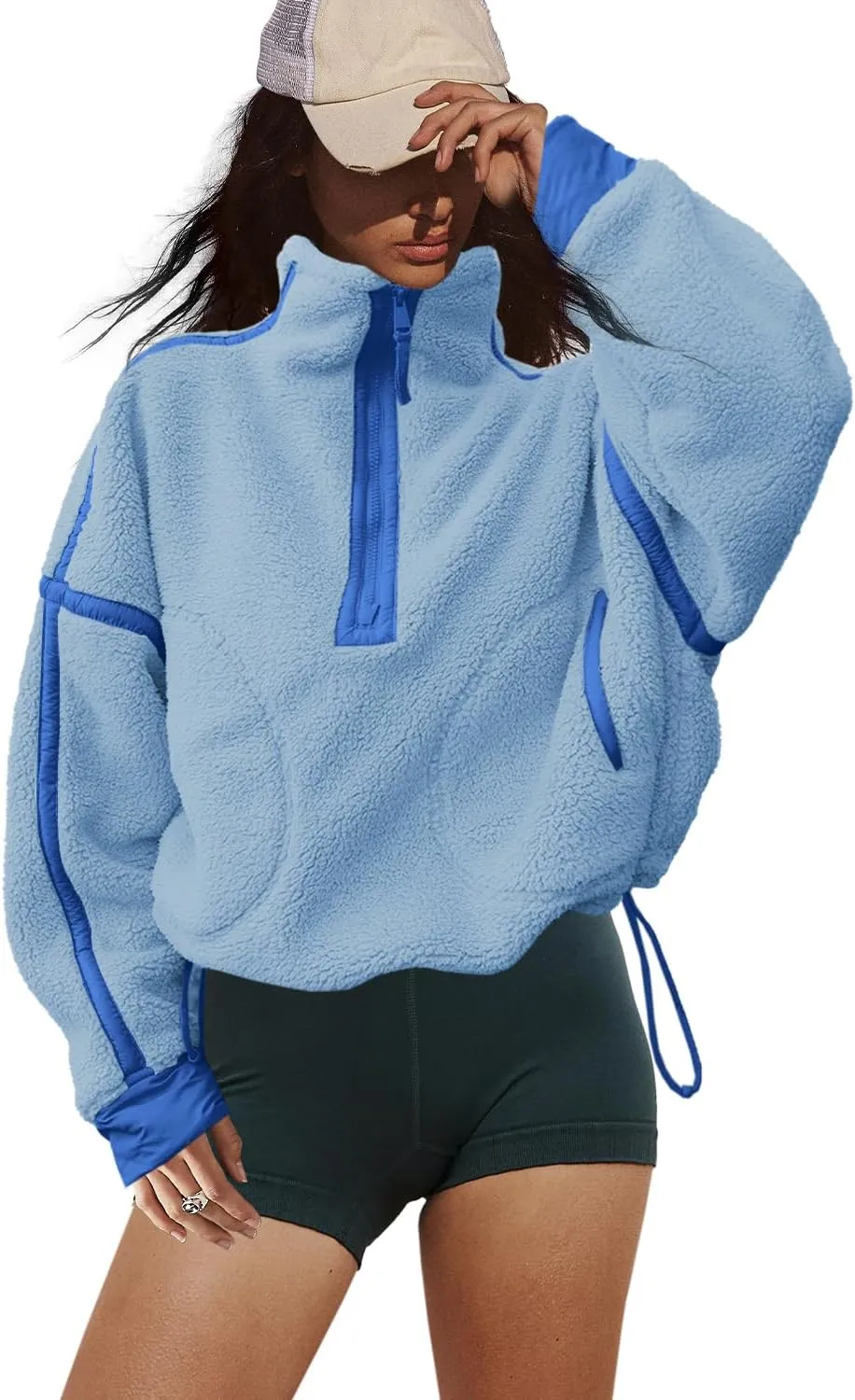 LAMISSCHE Half Zip Sweatshirt Women Oversized Sherpa Jacket V Neck Fleece Pullover Hoodie with Pockets