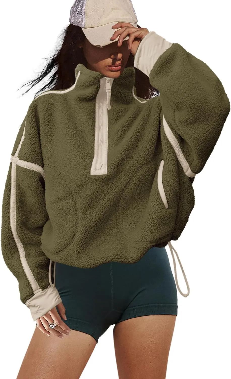 LAMISSCHE Half Zip Sweatshirt Women Oversized Sherpa Jacket V Neck Fleece Pullover Hoodie with Pockets