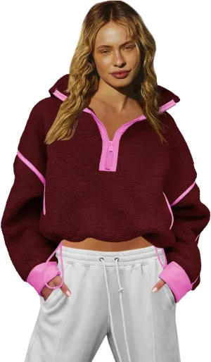 LAMISSCHE Half Zip Sweatshirt Women Oversized Sherpa Jacket V Neck Fleece Pullover Hoodie with Pockets