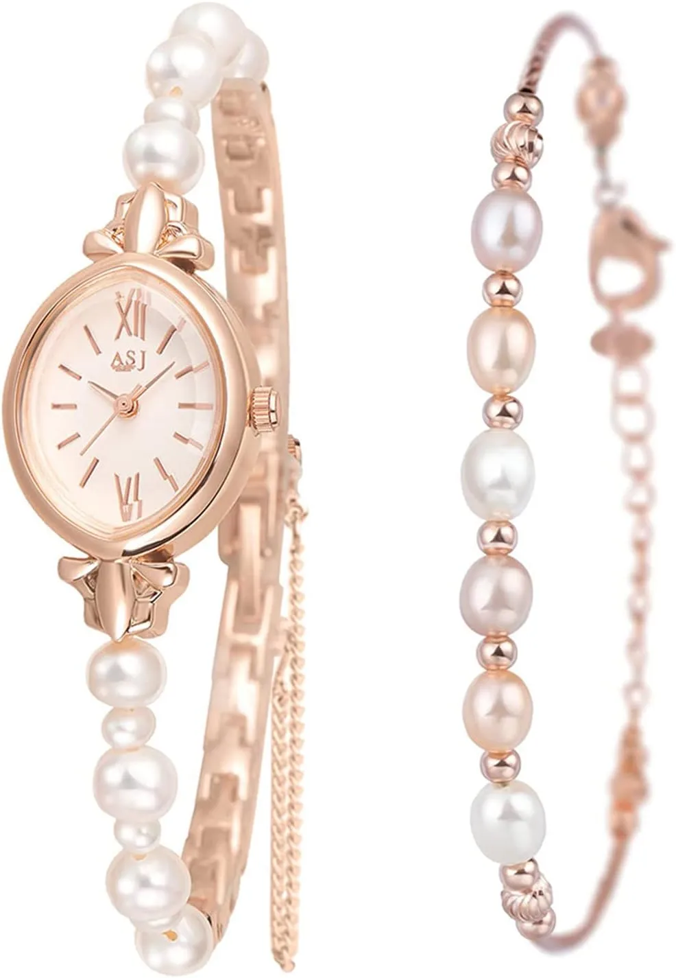 Lancardo Women's Elegant Rose Gold Ladies Dress Watch with Pearl Bracelet: Stylish Oval Dial Wrist Watch for Birthday, Valentine's Day