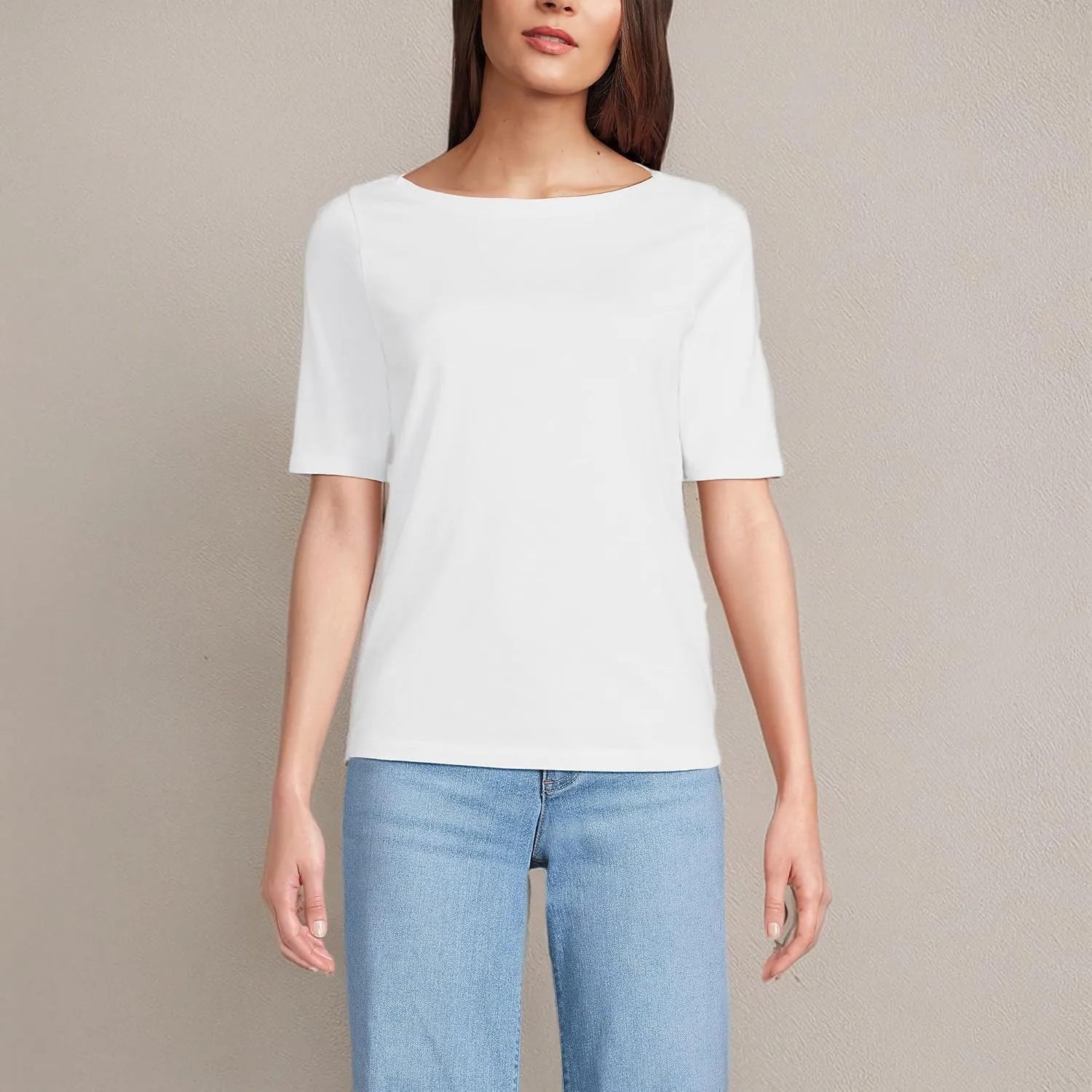 Lands' End Women's Elbow Sleeve American-Grown Supima Cotton Boatneck Top