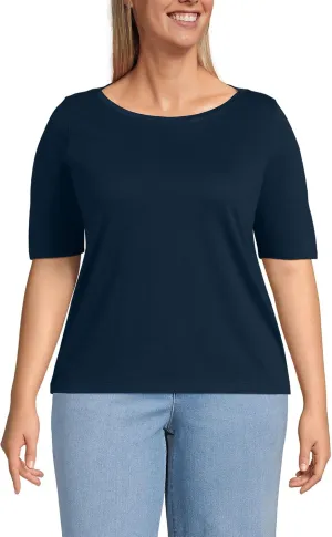 Lands' End Women's Elbow Sleeve American-Grown Supima Cotton Boatneck Top