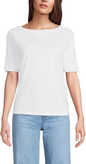 Lands' End Women's Elbow Sleeve American-Grown Supima Cotton Boatneck Top