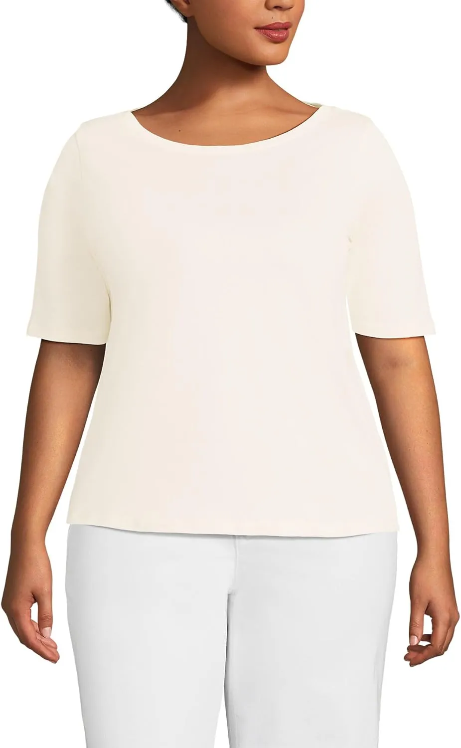 Lands' End Women's Elbow Sleeve American-Grown Supima Cotton Boatneck Top