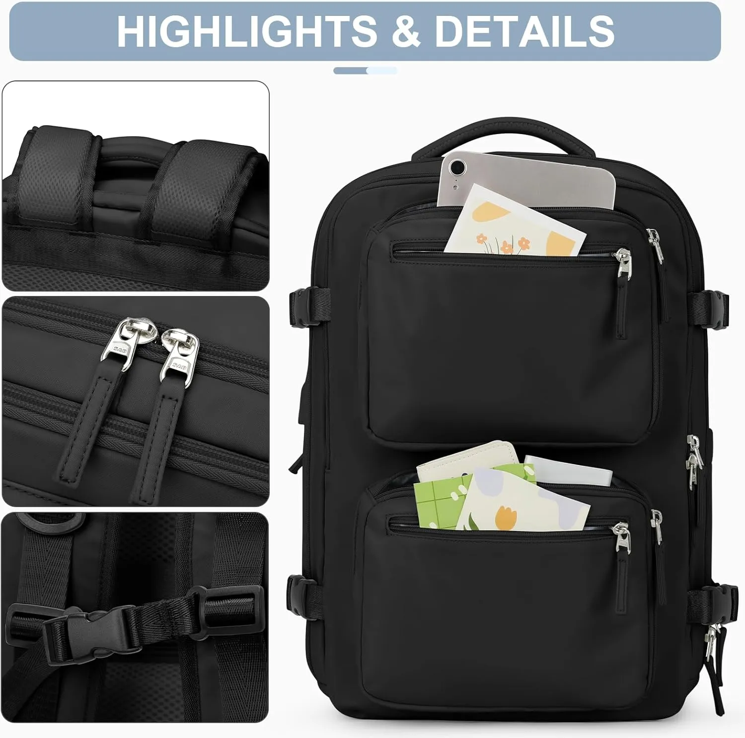 Laptop Backpack for Men Women, Flight Approved Travel Backpack Business Backpack with USB Charging Port, Casual Daypack College Computer Backpacks, Black