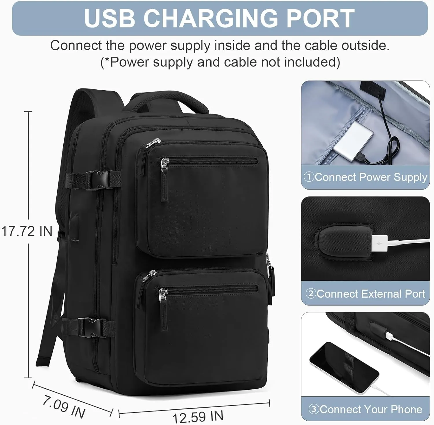 Laptop Backpack for Men Women, Flight Approved Travel Backpack Business Backpack with USB Charging Port, Casual Daypack College Computer Backpacks, Black