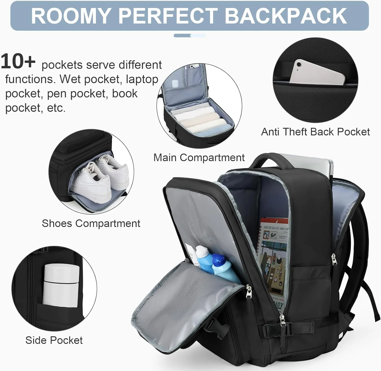 Laptop Backpack for Men Women, Flight Approved Travel Backpack Business Backpack with USB Charging Port, Casual Daypack College Computer Backpacks, Black
