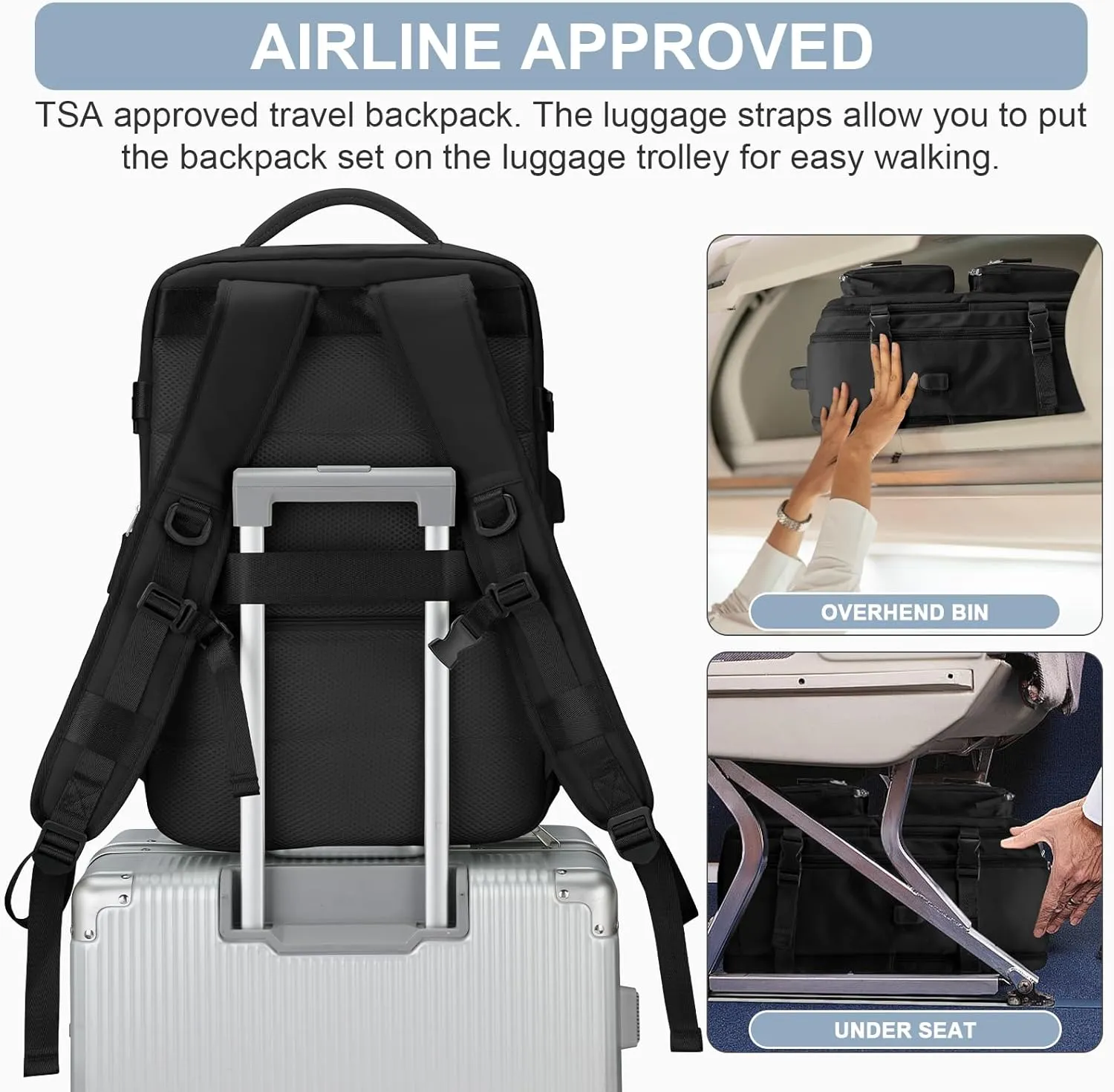 Laptop Backpack for Men Women, Flight Approved Travel Backpack Business Backpack with USB Charging Port, Casual Daypack College Computer Backpacks, Black