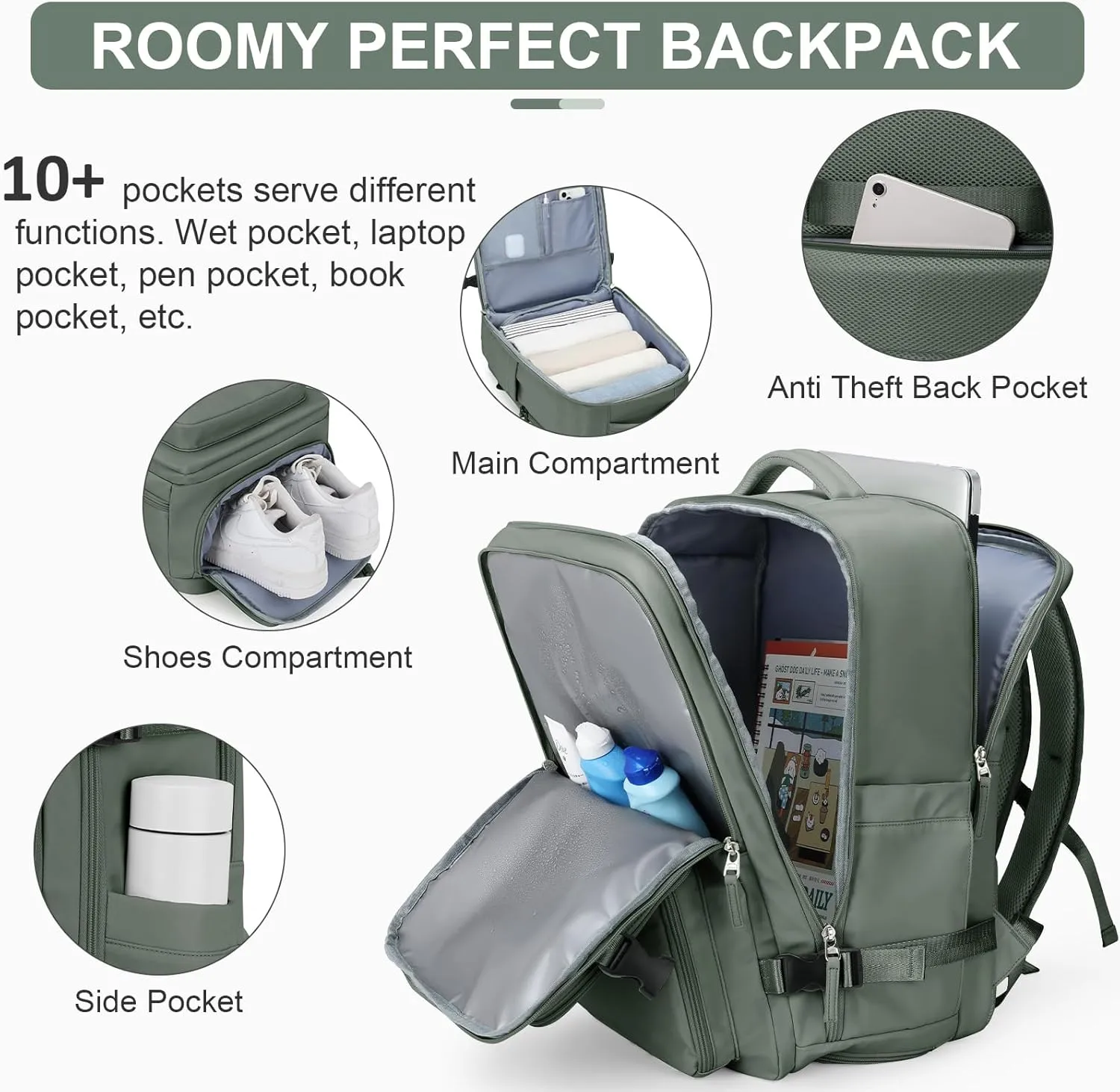 Laptop Backpack for Men Women, Flight Approved Travel Backpack Business Backpack with USB Charging Port, Casual Daypack College Computer Backpacks, Green