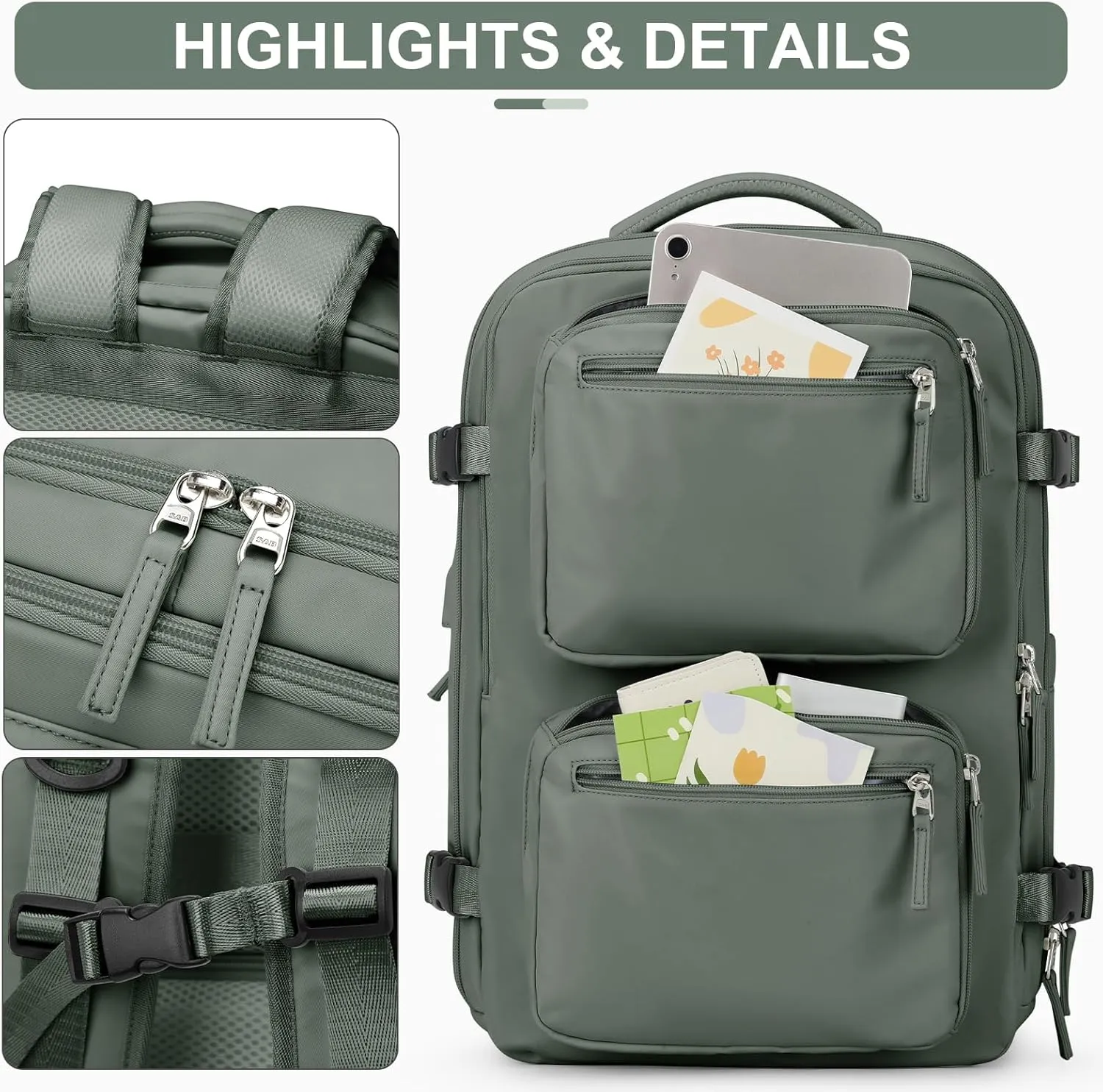 Laptop Backpack for Men Women, Flight Approved Travel Backpack Business Backpack with USB Charging Port, Casual Daypack College Computer Backpacks, Green