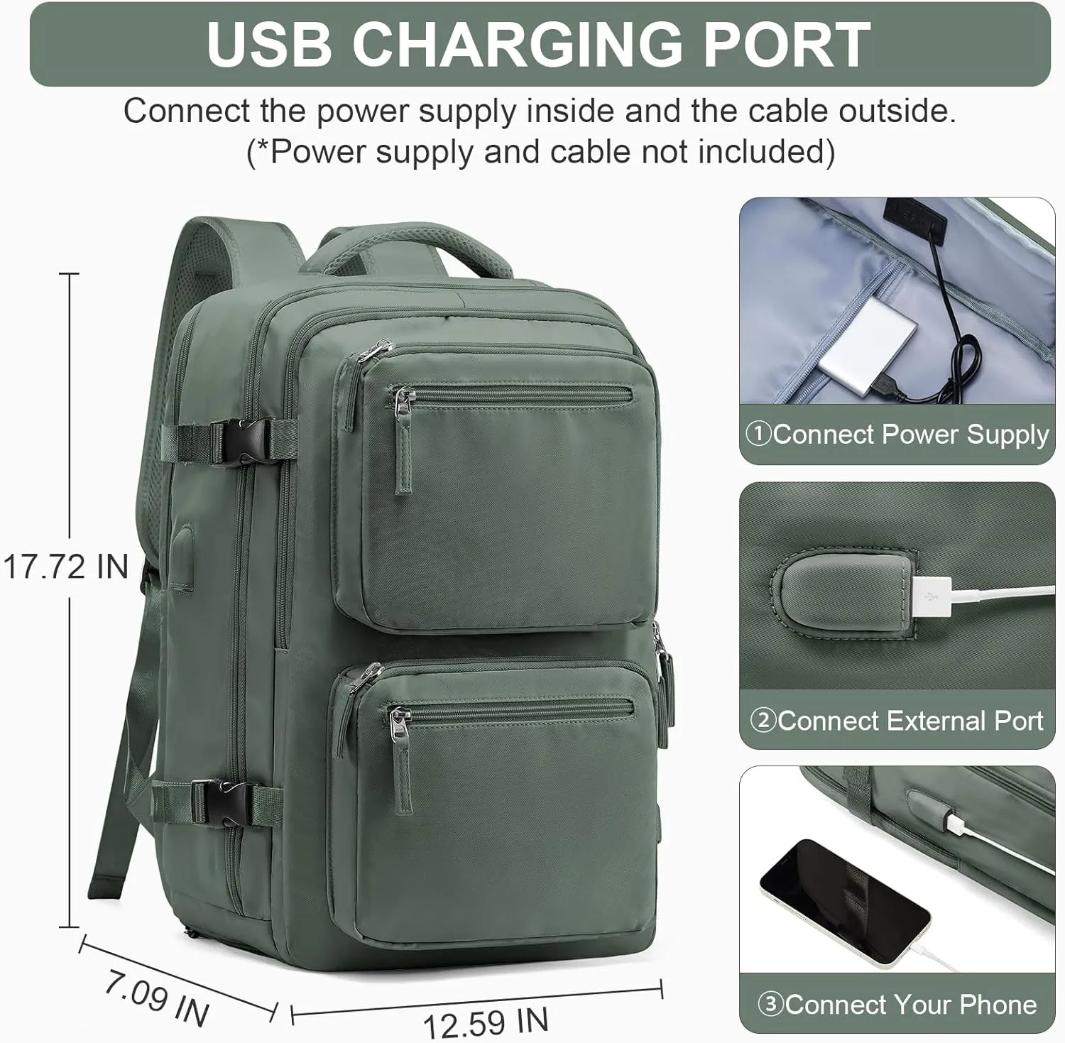 Laptop Backpack for Men Women, Flight Approved Travel Backpack Business Backpack with USB Charging Port, Casual Daypack College Computer Backpacks, Green