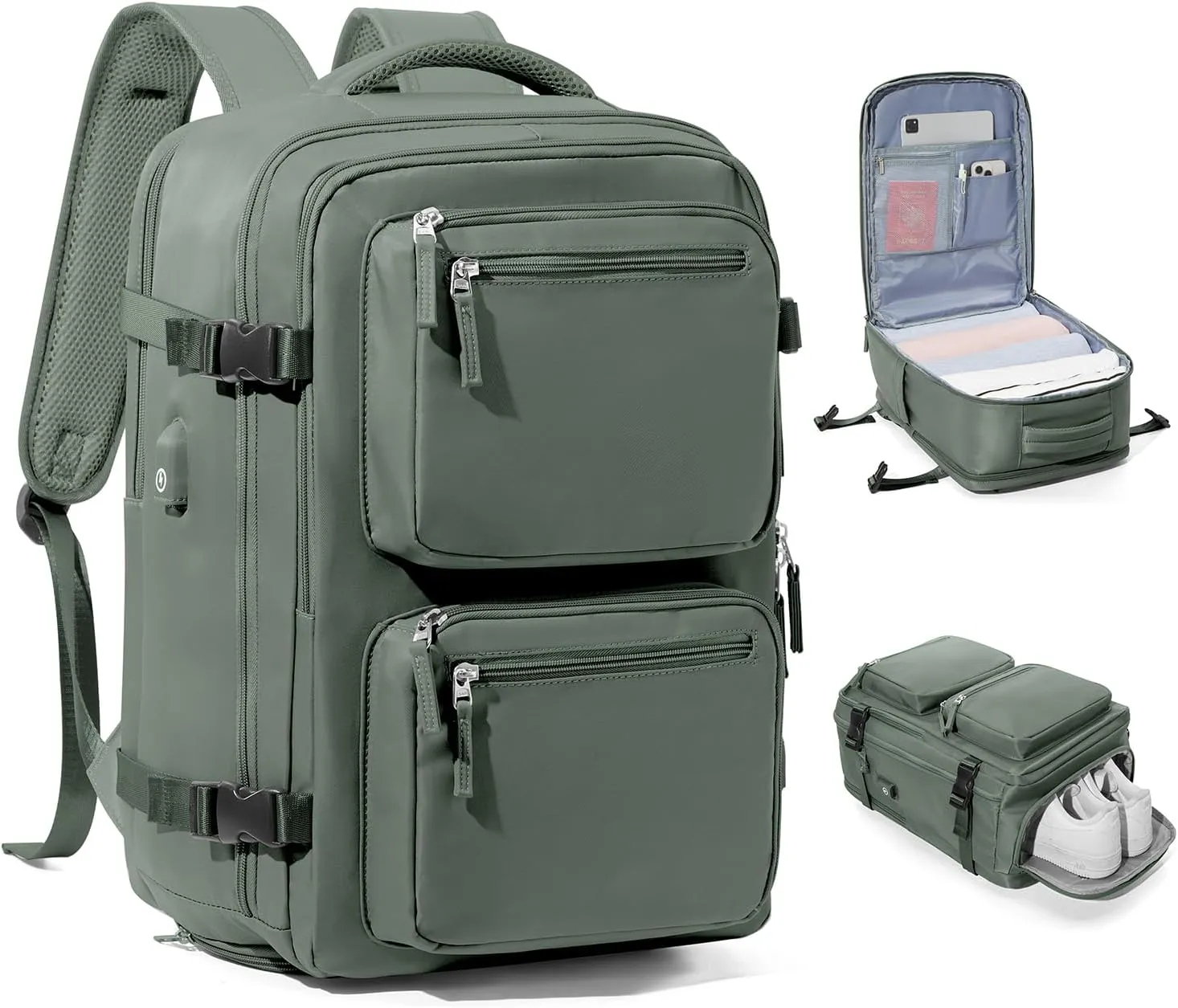 Laptop Backpack for Men Women, Flight Approved Travel Backpack Business Backpack with USB Charging Port, Casual Daypack College Computer Backpacks, Green
