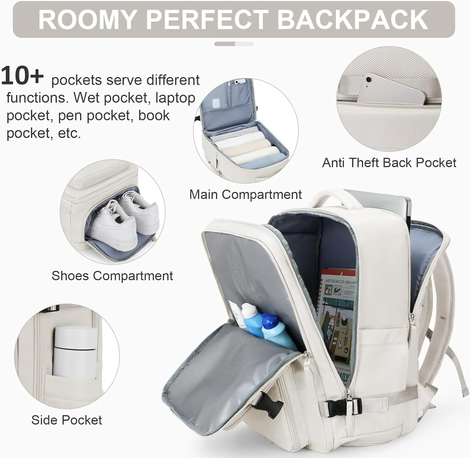 Laptop Backpack for Men Women, Flight Approved Travel Backpack Business Backpack with USB Charging Port, Casual Daypack College Computer Backpacks, White