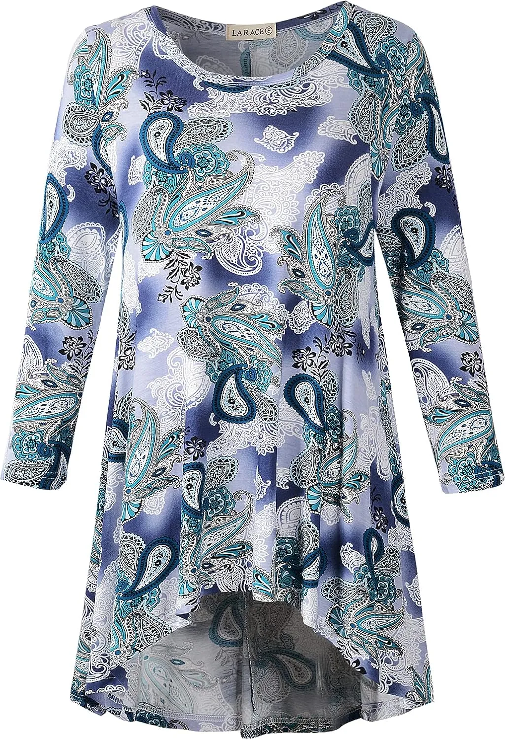 LARACE Womens Plus Size 3/4 Sleeve Loose Fit Flare Swing Tunic Tops Floral High Low Basic T Shirt