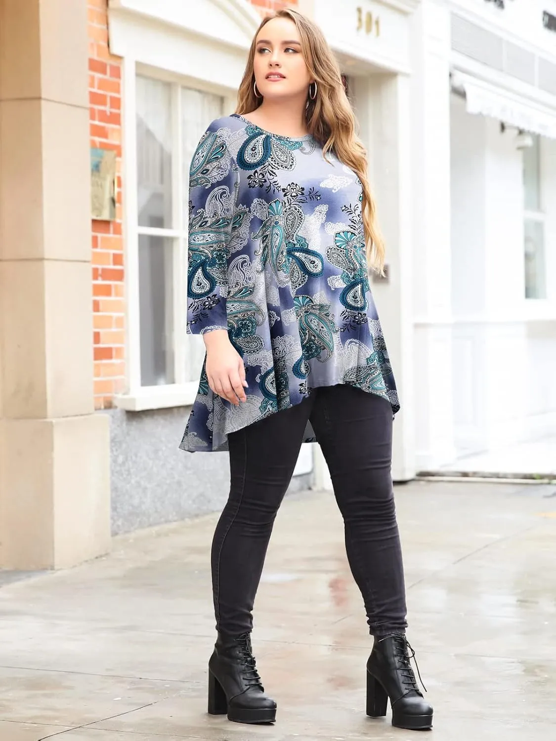 LARACE Womens Plus Size 3/4 Sleeve Loose Fit Flare Swing Tunic Tops Floral High Low Basic T Shirt