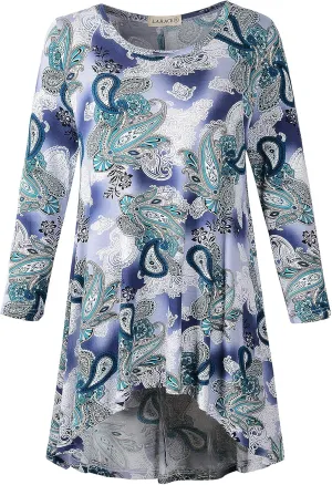 LARACE Womens Plus Size 3/4 Sleeve Loose Fit Flare Swing Tunic Tops Floral High Low Basic T Shirt