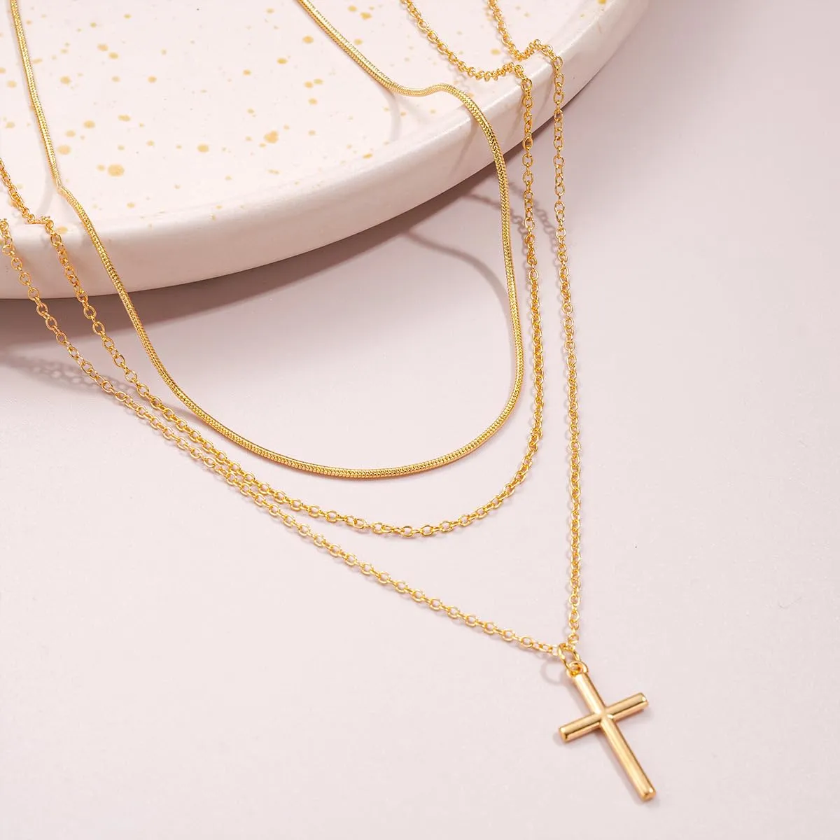Layered Cross Necklace for Women Dainty Gold Pearl Cross Choker Necklaces Jewelry for Women(I)