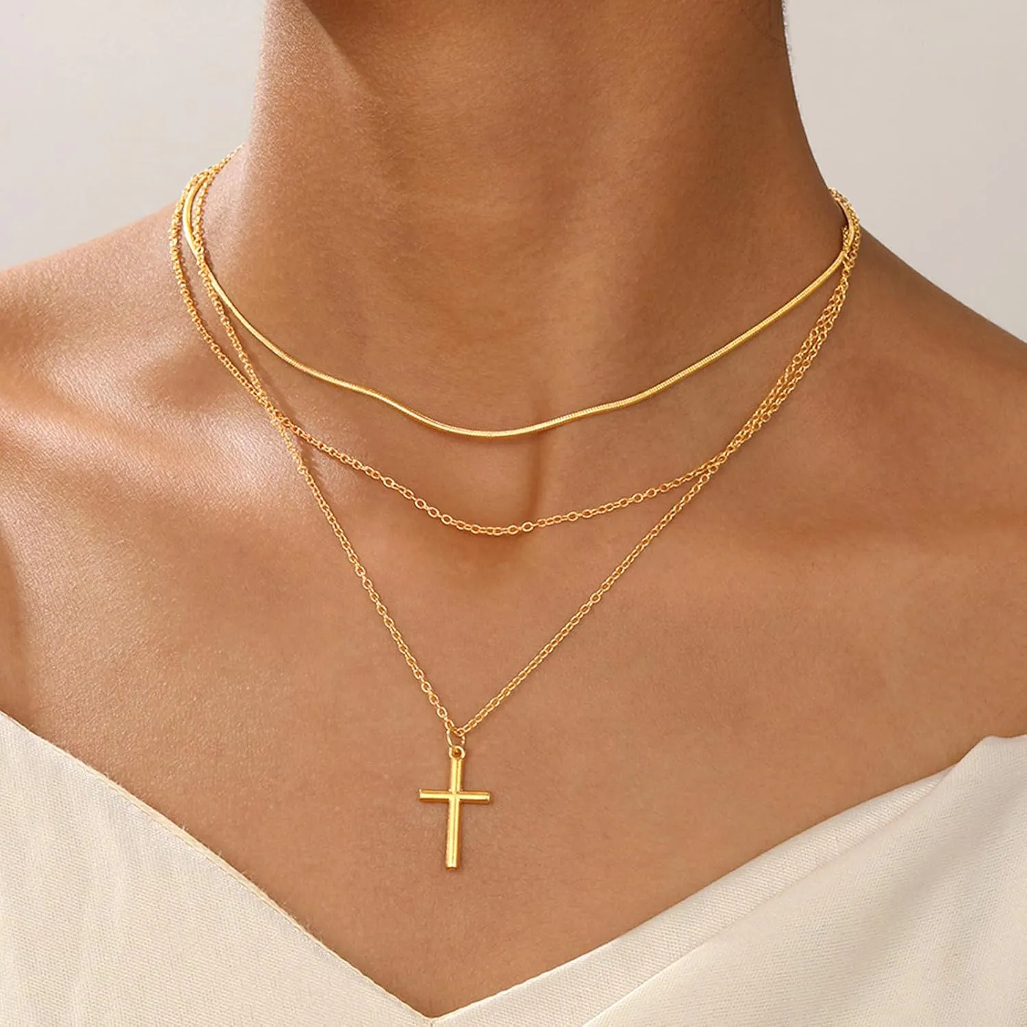 Layered Cross Necklace for Women Dainty Gold Pearl Cross Choker Necklaces Jewelry for Women(I)