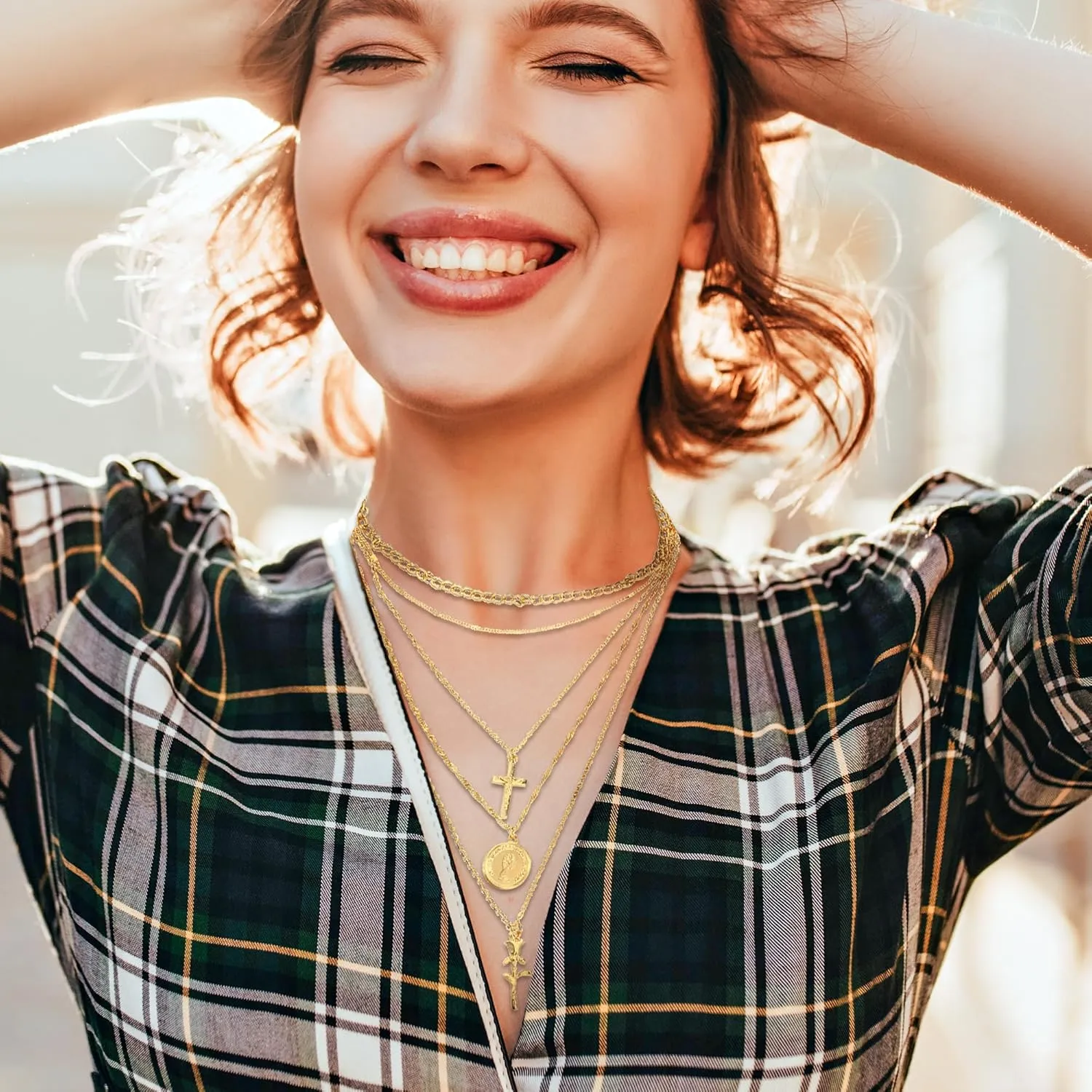 Layered Gold Necklaces for Women - Stackable Dainty Choker Necklaces, Trendy Fashion Gold Plated Pendant Necklaces for Mom Women Birthday Gift