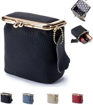 Leather Lipstick Bags, Mini Leather Coin Purse, Leather Clutch Coin Purse, Leather Jewelry Purses, Compact Jewelry Box, Retro Coin Purse (Black)