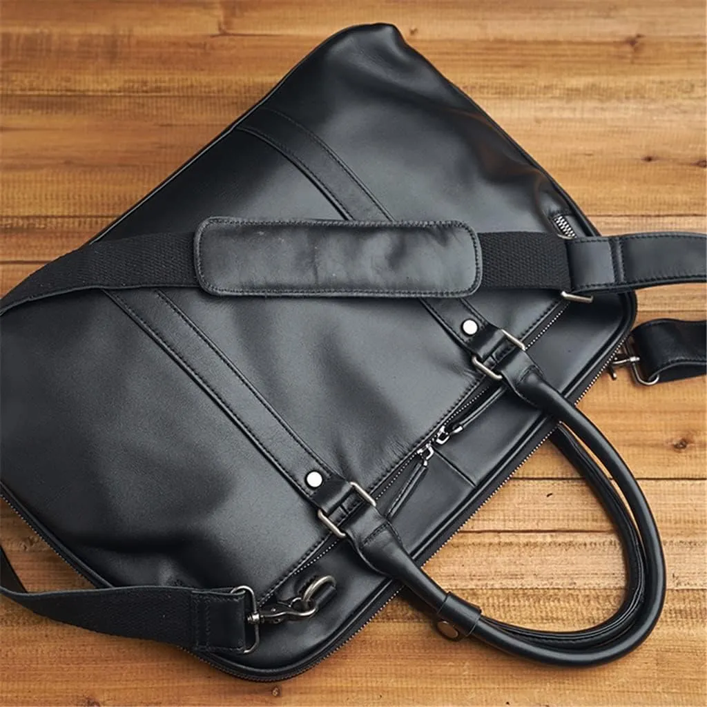 Leather Man Handbag Briefcase with Tie Rod Sleeve Men Shoulder Bags Business 14 Inch Laptop Bag