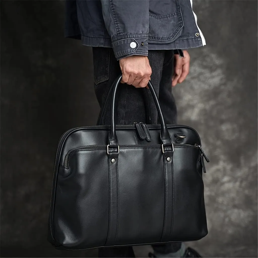 Leather Man Handbag Briefcase with Tie Rod Sleeve Men Shoulder Bags Business 14 Inch Laptop Bag