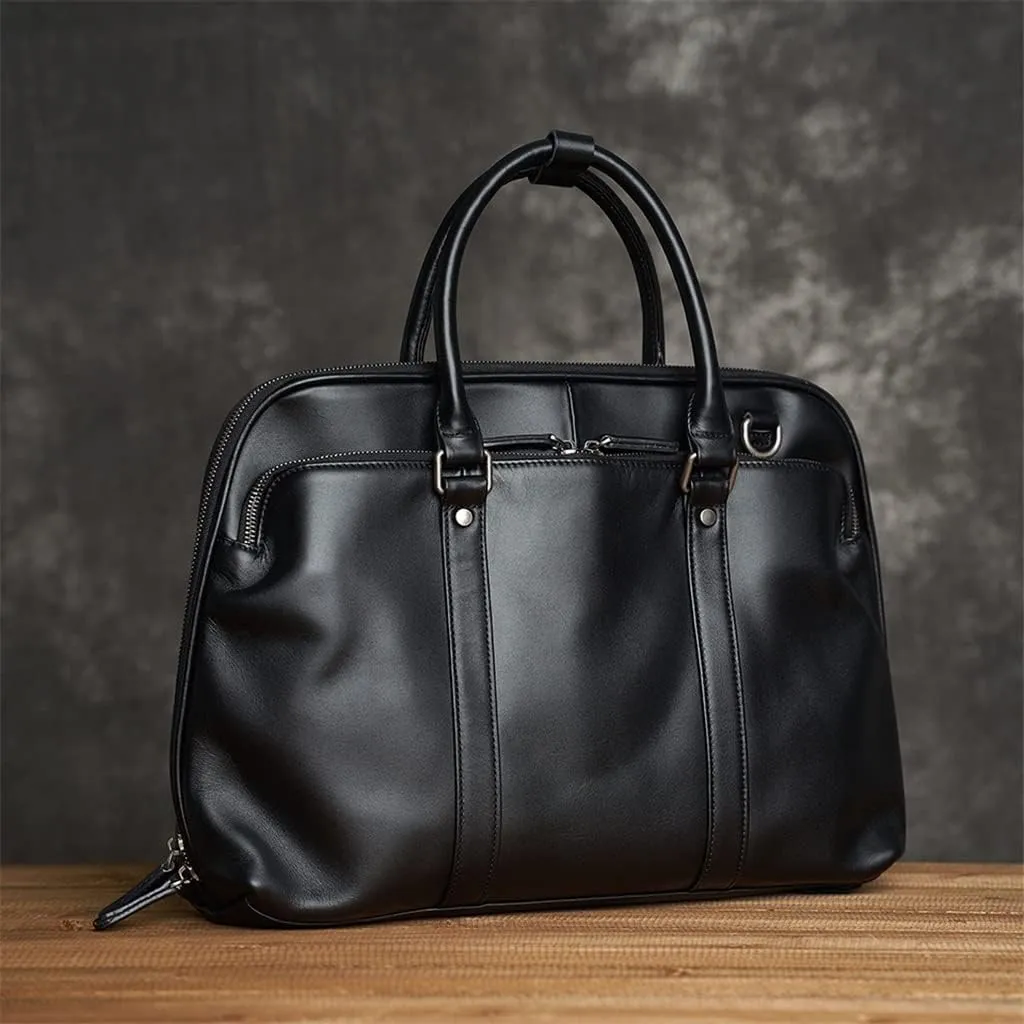 Leather Man Handbag Briefcase with Tie Rod Sleeve Men Shoulder Bags Business 14 Inch Laptop Bag