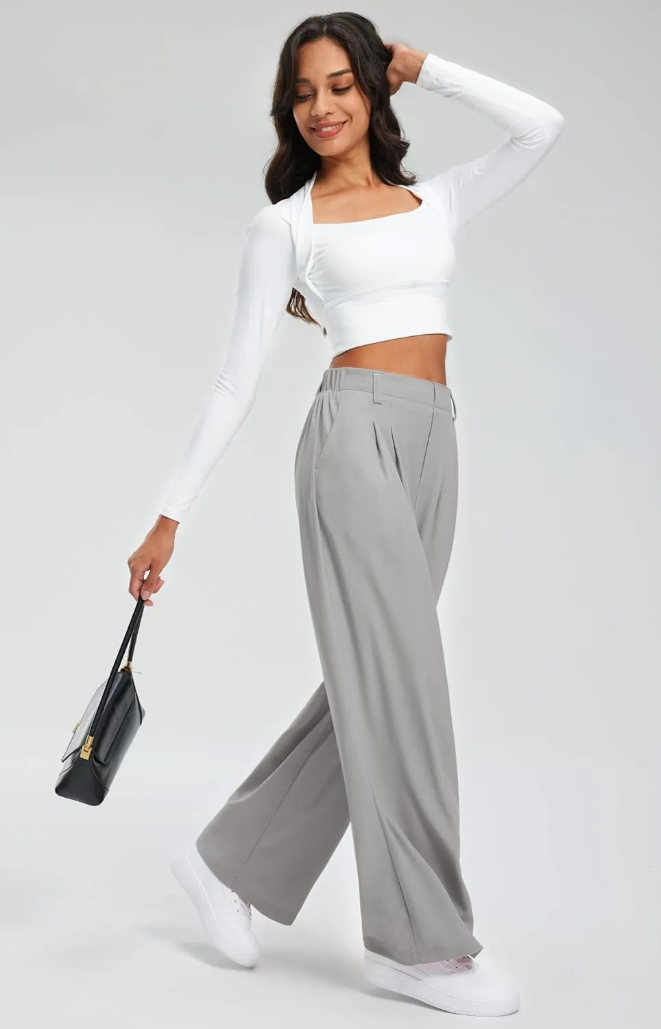Libin Women's Wide Leg Pants 27"/29" High Waisted Waffle Knit Casual Slacks Work Pants Business Palazzo Trousers with Pockets