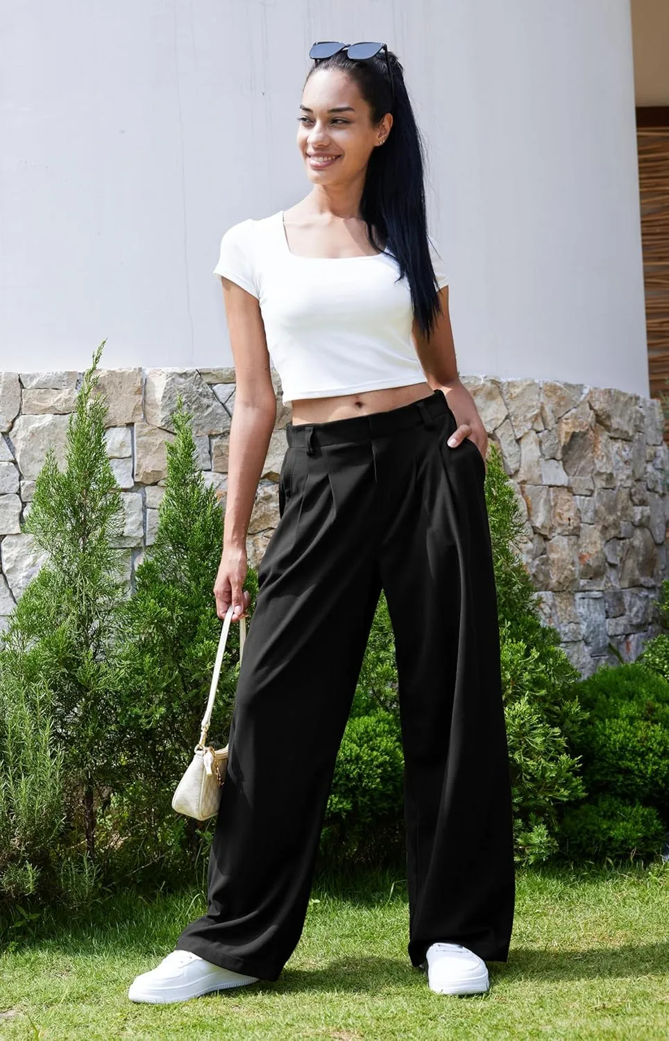 Libin Women's Wide Leg Pants 27"/29" High Waisted Waffle Knit Casual Slacks Work Pants Business Palazzo Trousers with Pockets