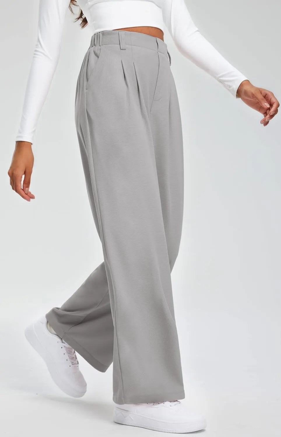 Libin Women's Wide Leg Pants 27"/29" High Waisted Waffle Knit Casual Slacks Work Pants Business Palazzo Trousers with Pockets