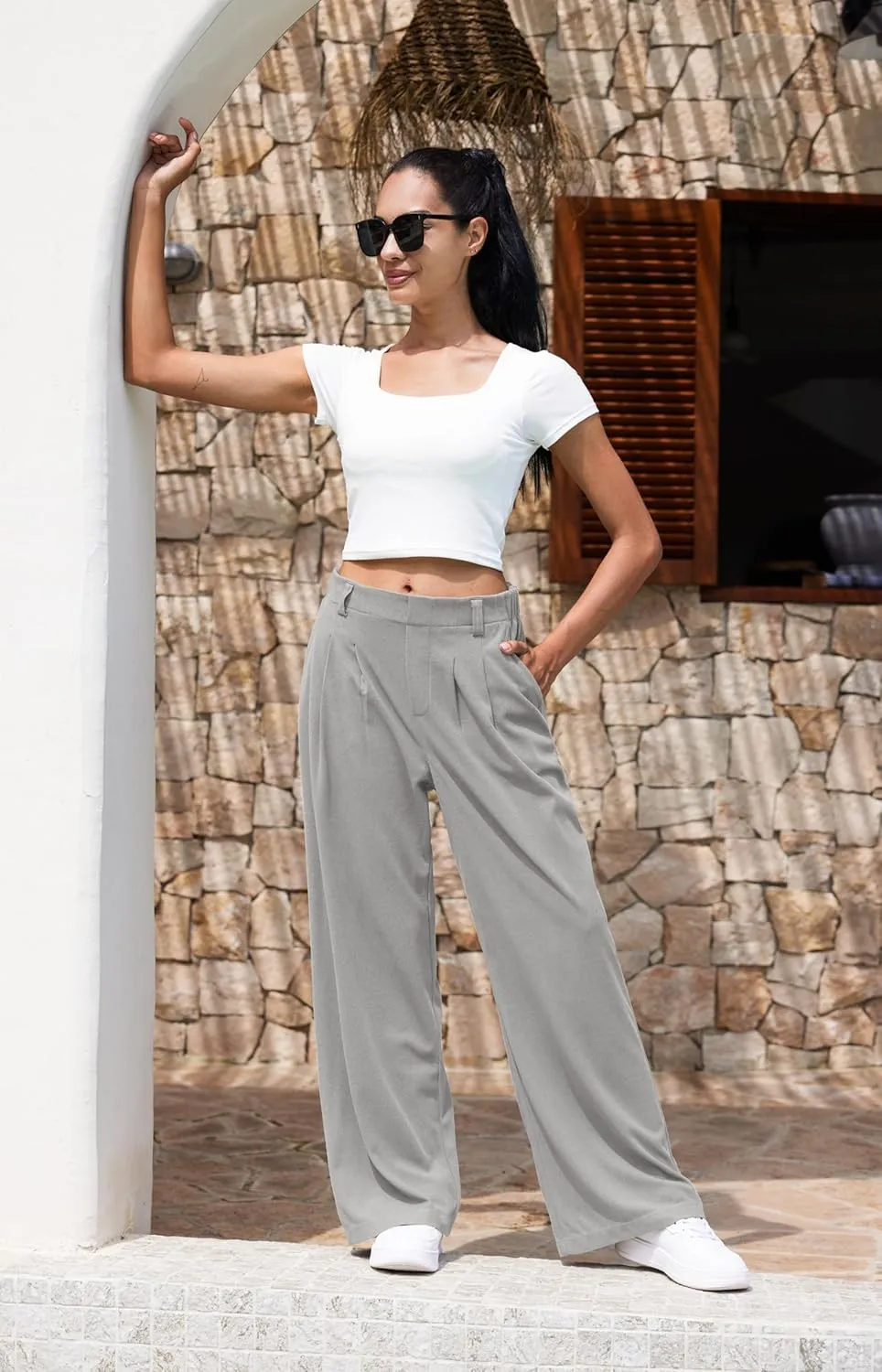 Libin Women's Wide Leg Pants 27"/29" High Waisted Waffle Knit Casual Slacks Work Pants Business Palazzo Trousers with Pockets
